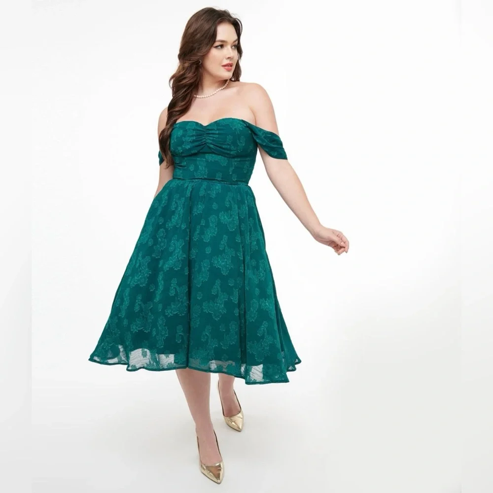 Unique Vintage 1950s Teal Green Jacquard Off Shoulder Flare Dress, Size  XL, NWT - Picture 5 of 15